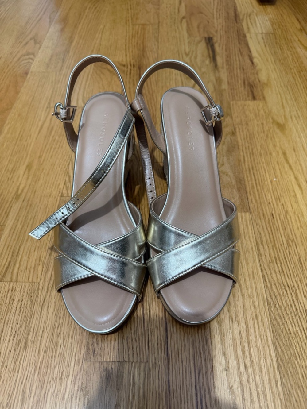 AEROSOLES Metallic Gold Crisscross Slingback Sandals